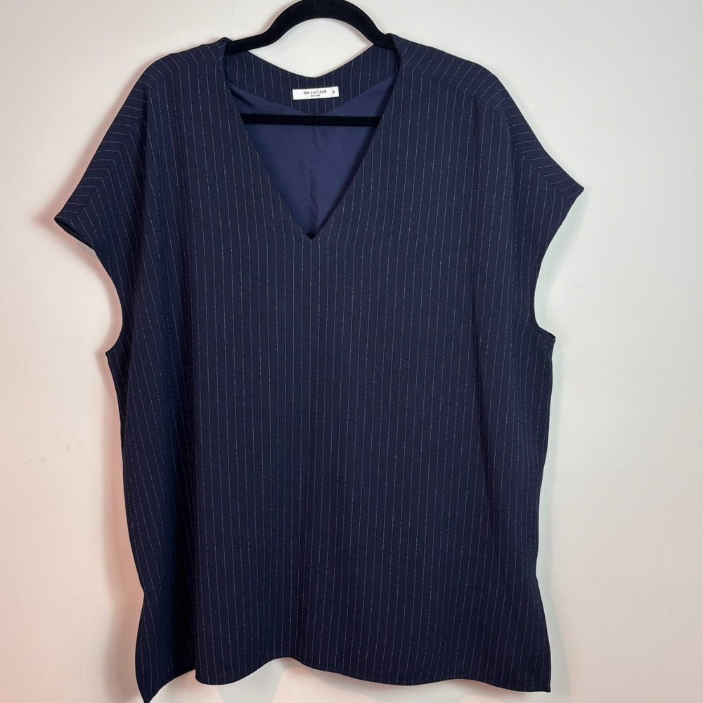 M.M. Lafleur Navy Pinstripe Townsend V-Neck Cap Sleeve Blouse Womens 3X workwear